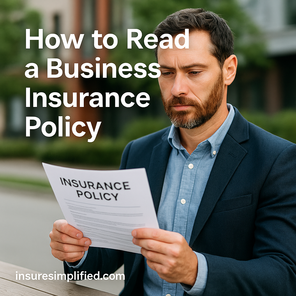 A man outdoors reviewing a business insurance policy document with a focused expression, with the article title displayed above him.