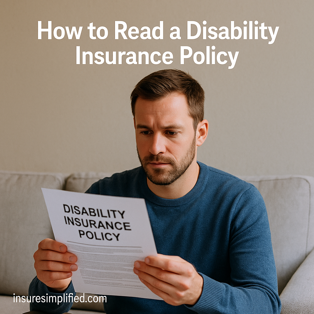 A man sitting indoors reviewing a disability insurance policy document with the article title displayed above him.
