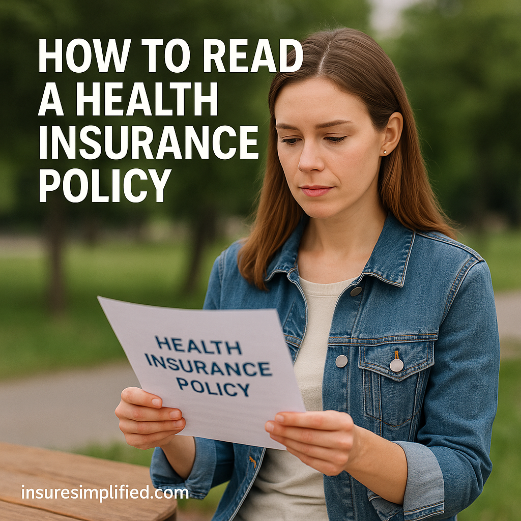 A woman sitting outdoors reviewing a health insurance policy document in a park setting, with the article title displayed above her.
