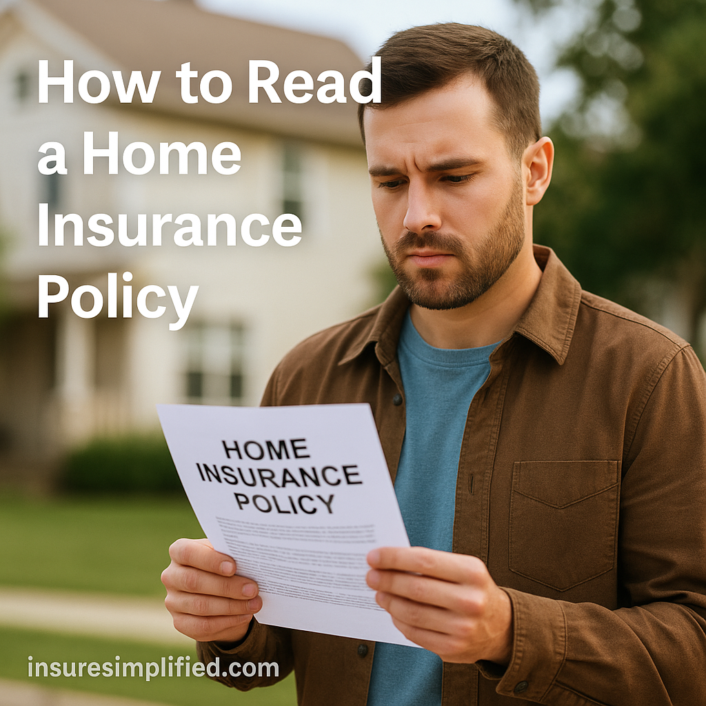 A man standing outdoors in front of a suburban home, reading a home insurance policy document with a focused expression, with the article title displayed above him.