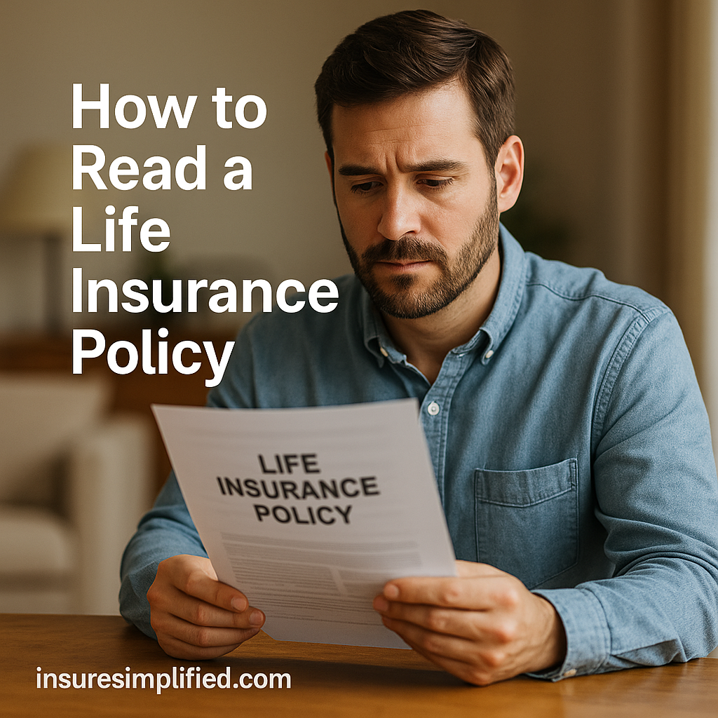 A man sitting indoors reviewing a life insurance policy document with a focused expression, with the article title displayed on the image.