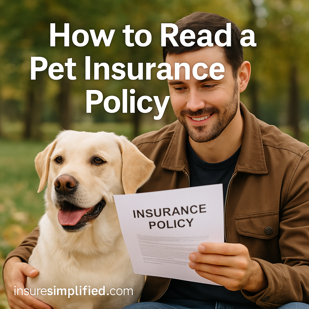A man sitting outdoors reviewing a pet insurance policy beside his Labrador Retriever, with the article title displayed above him.