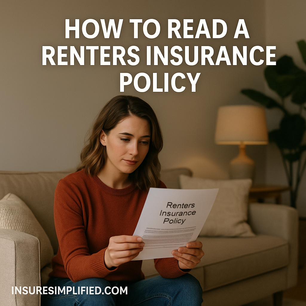 A woman sitting on a couch reviewing a renters insurance policy document in a warmly lit living room, with the article title displayed above her.