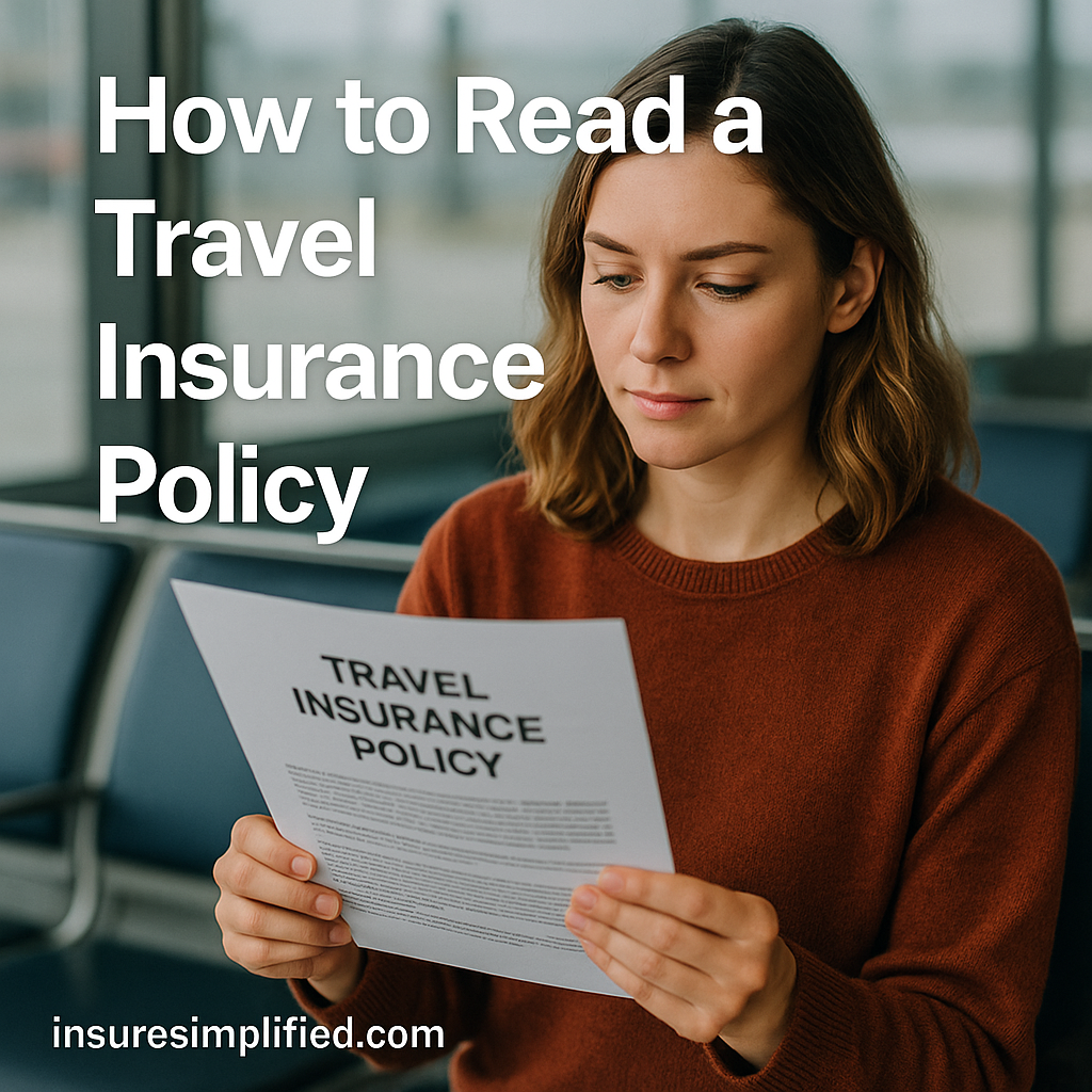 A woman sitting in an airport terminal reviewing a travel insurance policy document, with the article title displayed above her.