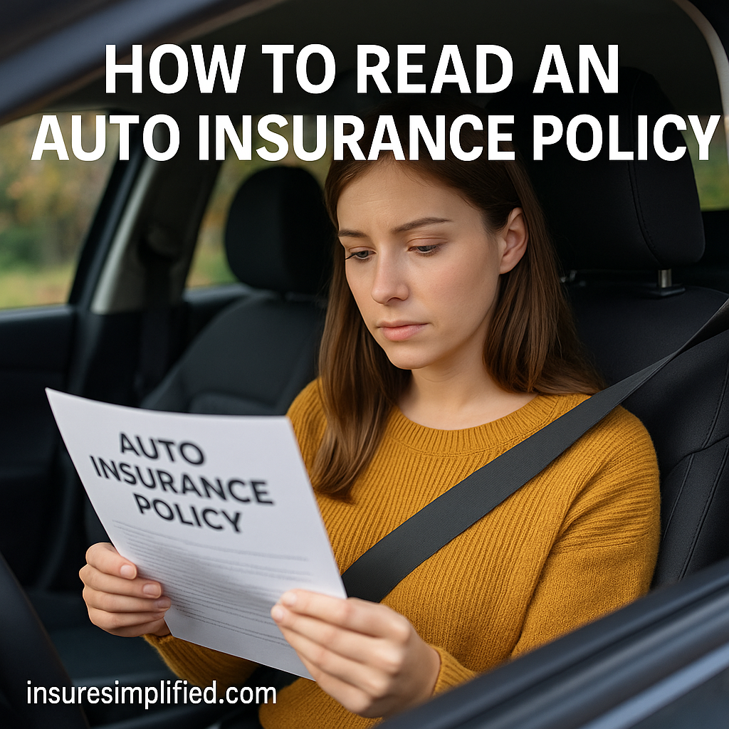 A woman sitting in her car reviewing an auto insurance policy document with a focused expression, with the article title displayed above her.