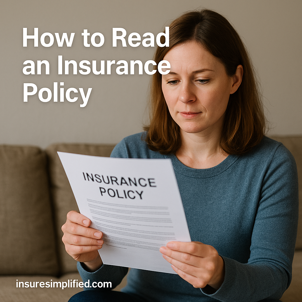 A woman sitting indoors reviewing an insurance policy document with the article title displayed above her.
