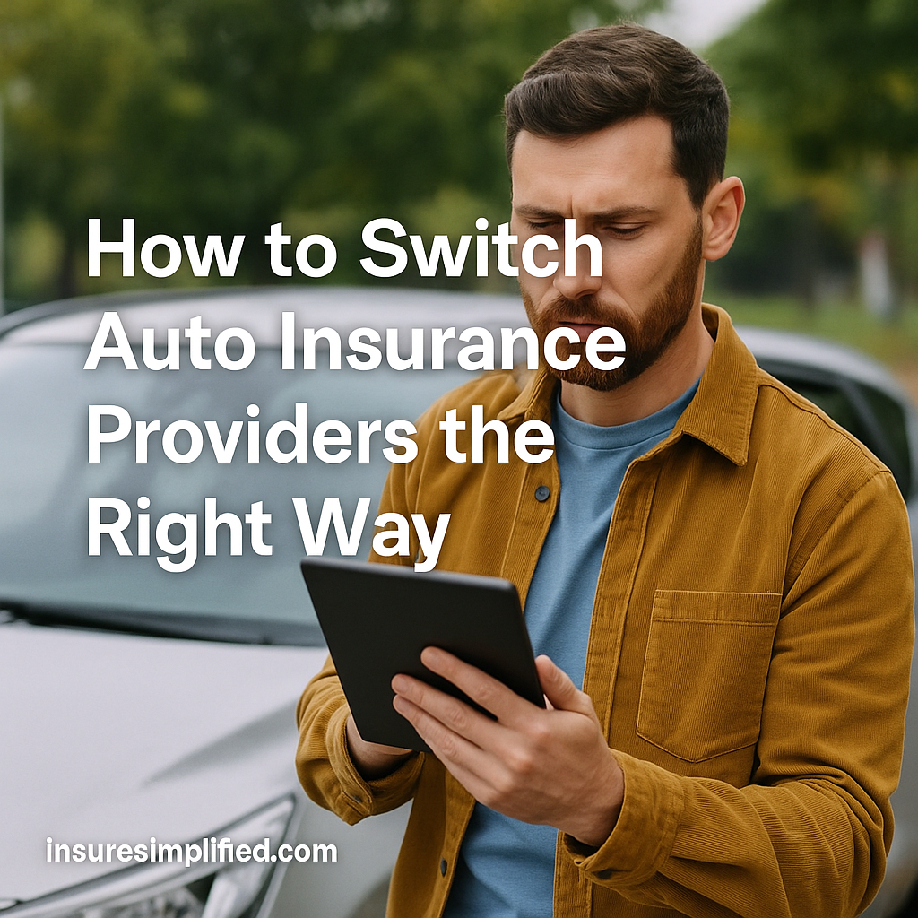 A man standing outdoors next to his car reviewing auto insurance information on a digital device, with the article title displayed above him.