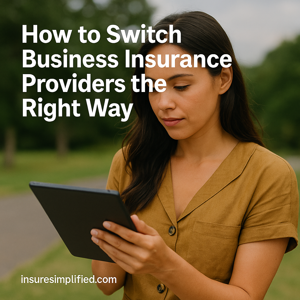 A woman outdoors reviewing business insurance information on a digital device, with the article title displayed above her.