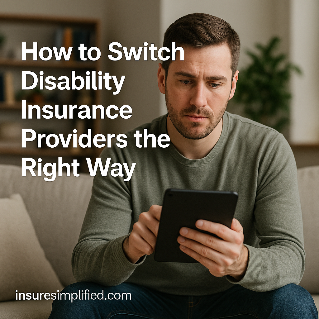 A man sitting indoors reviewing disability insurance information on a digital device, with the article title displayed beside him.