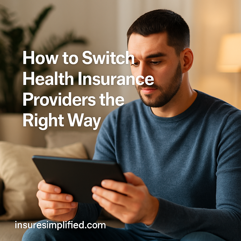 A man sitting indoors reviewing health insurance information on a digital device, with the article title displayed above him.