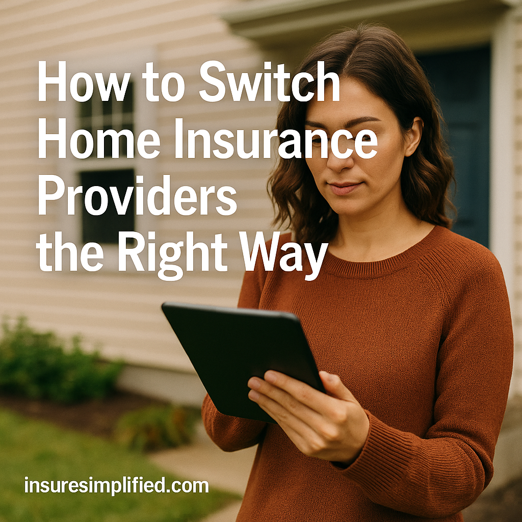 A woman standing outside her house reviewing home insurance information on a digital device, with the article title displayed beside her.