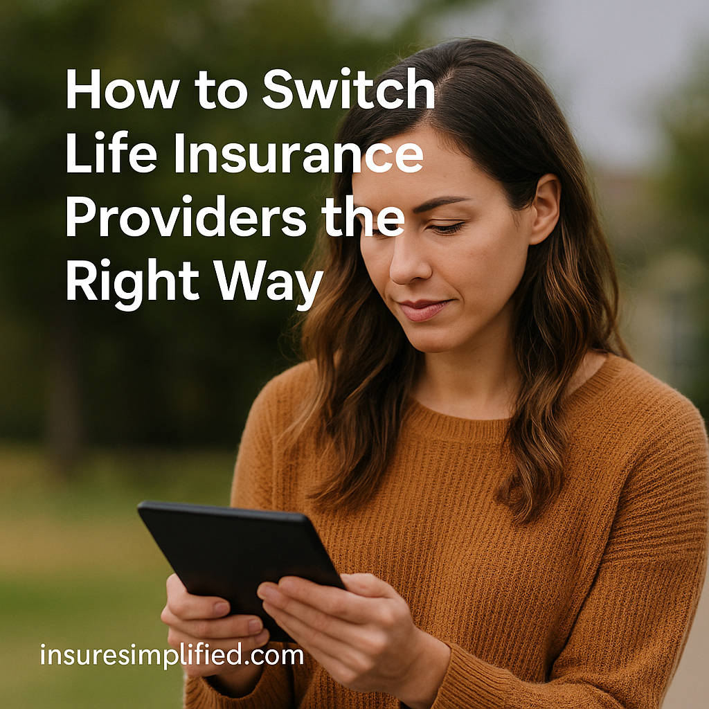 A woman outdoors reviewing life insurance information on a digital device, with the article title displayed above her.