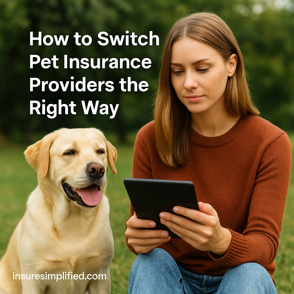 A woman outdoors reviewing pet insurance information on a digital device beside a Labrador Retriever, with the article title displayed above her.