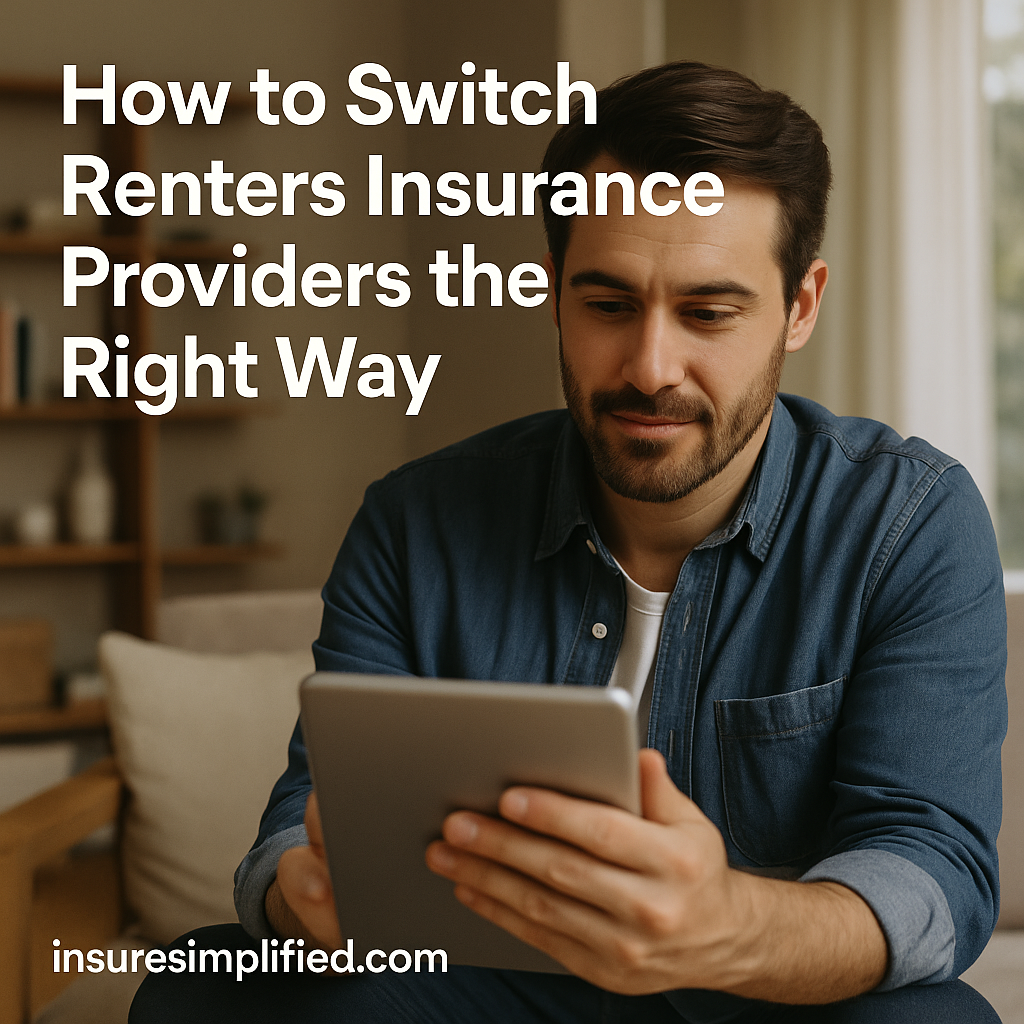A man sitting indoors in an apartment reviewing renters insurance information on a digital device, with the article title displayed above him.