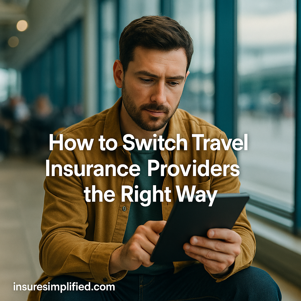 A man in an airport terminal reviewing travel insurance information on a digital device, with the article title displayed above him.