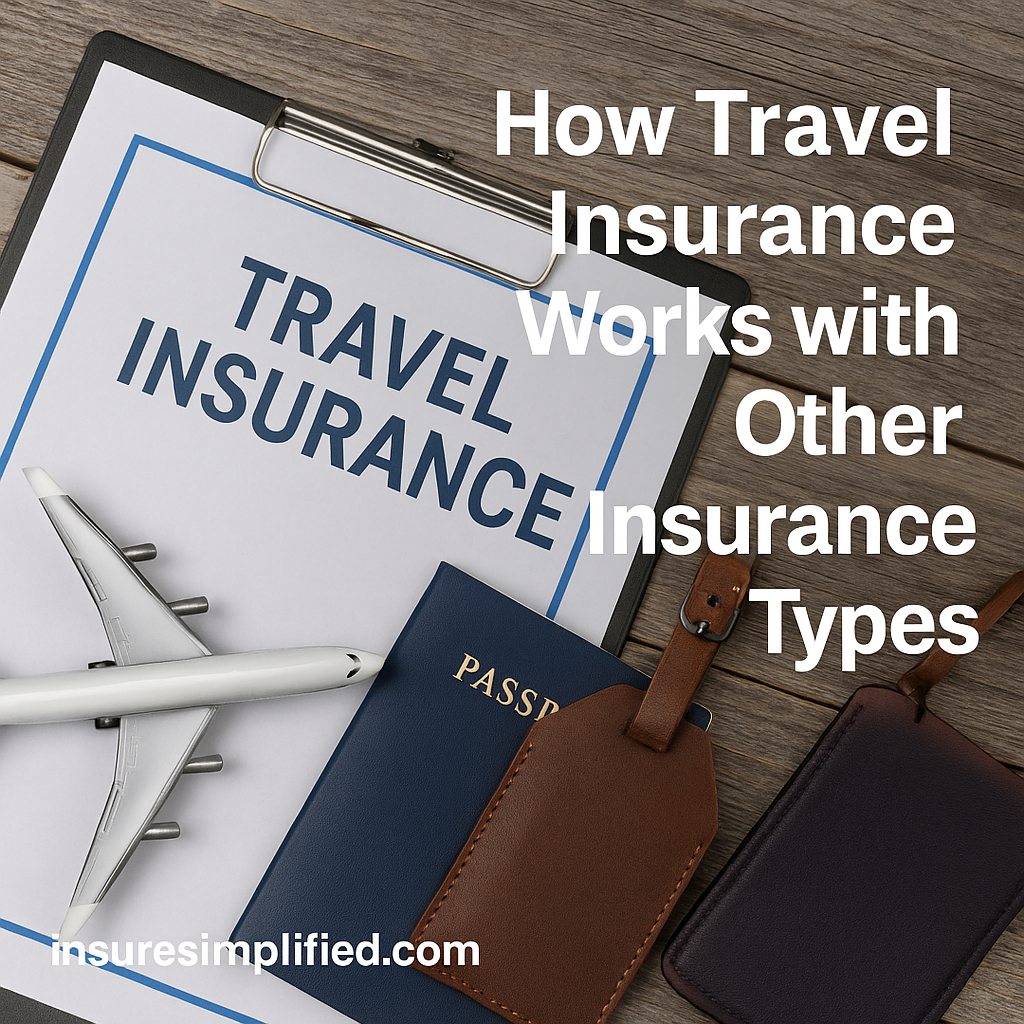 A travel insurance document on a clipboard with a model airplane, passport, and luggage tags, featuring the overlaid title “How Travel Insurance Works with Other Insurance Types” and an insuresimplified.com watermark in the bottom left.