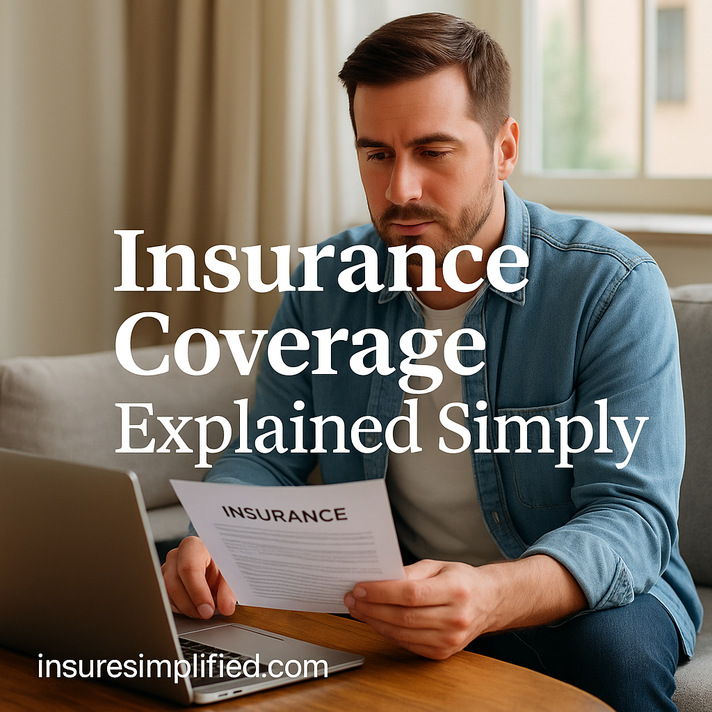 Man sitting in a living room reviewing an insurance document while using his laptop.