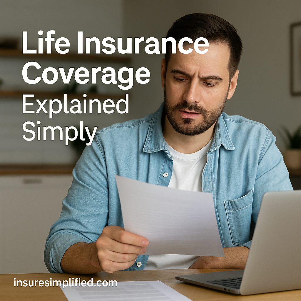 Man sitting at a table reviewing a life insurance document with a laptop in front of him.