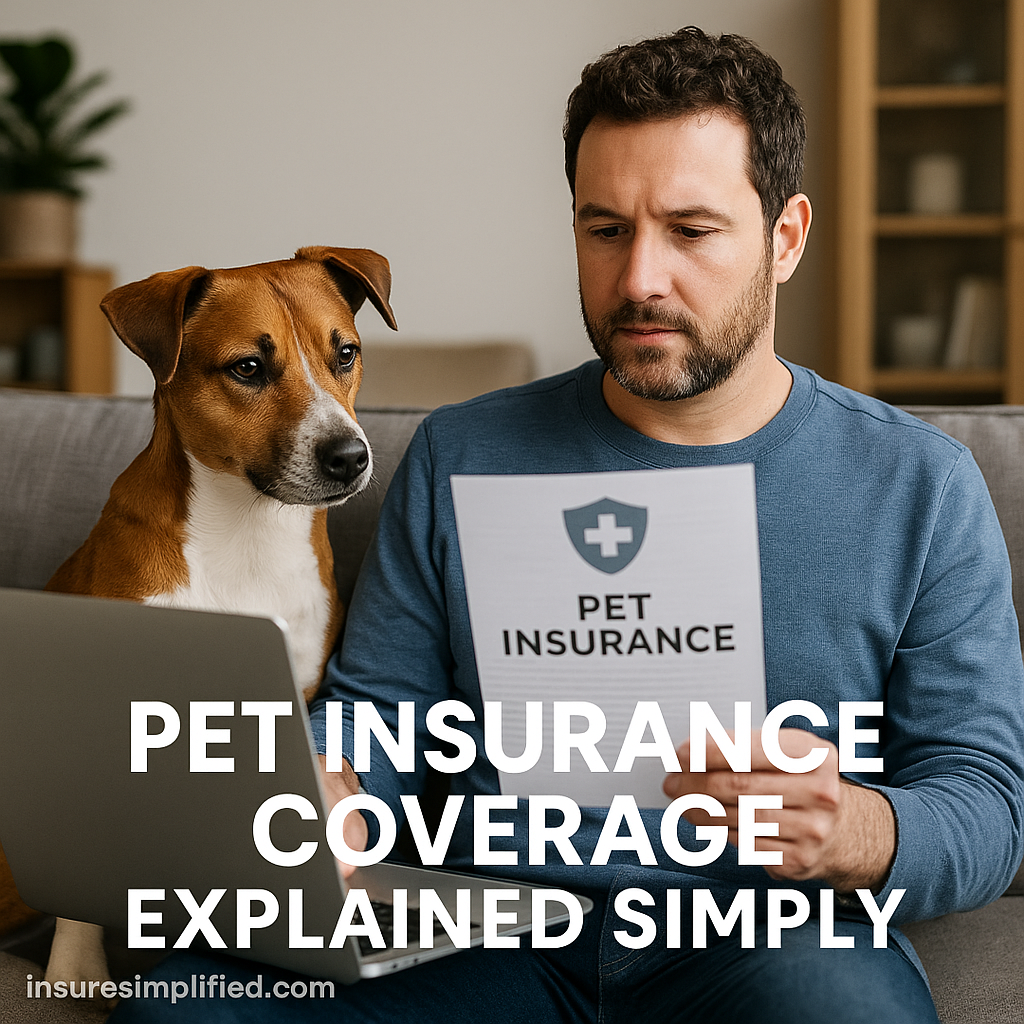 Man sitting on a sofa reviewing a pet insurance document while his dog sits beside him, both looking at the paper.