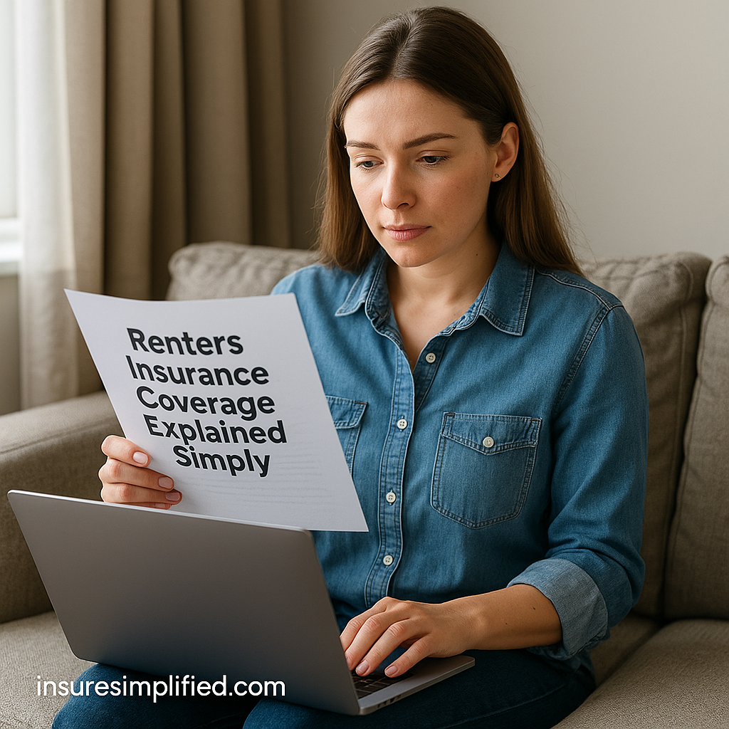 Woman sitting on a sofa reviewing a document about renters insurance coverage while using her laptop.