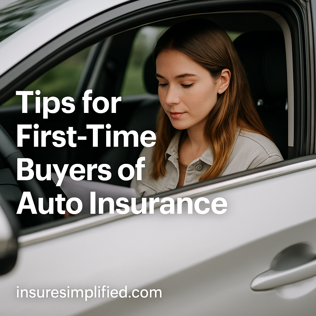 Woman sitting in a car and reviewing a document under the title “Tips for First-Time Buyers of Auto Insurance.”.