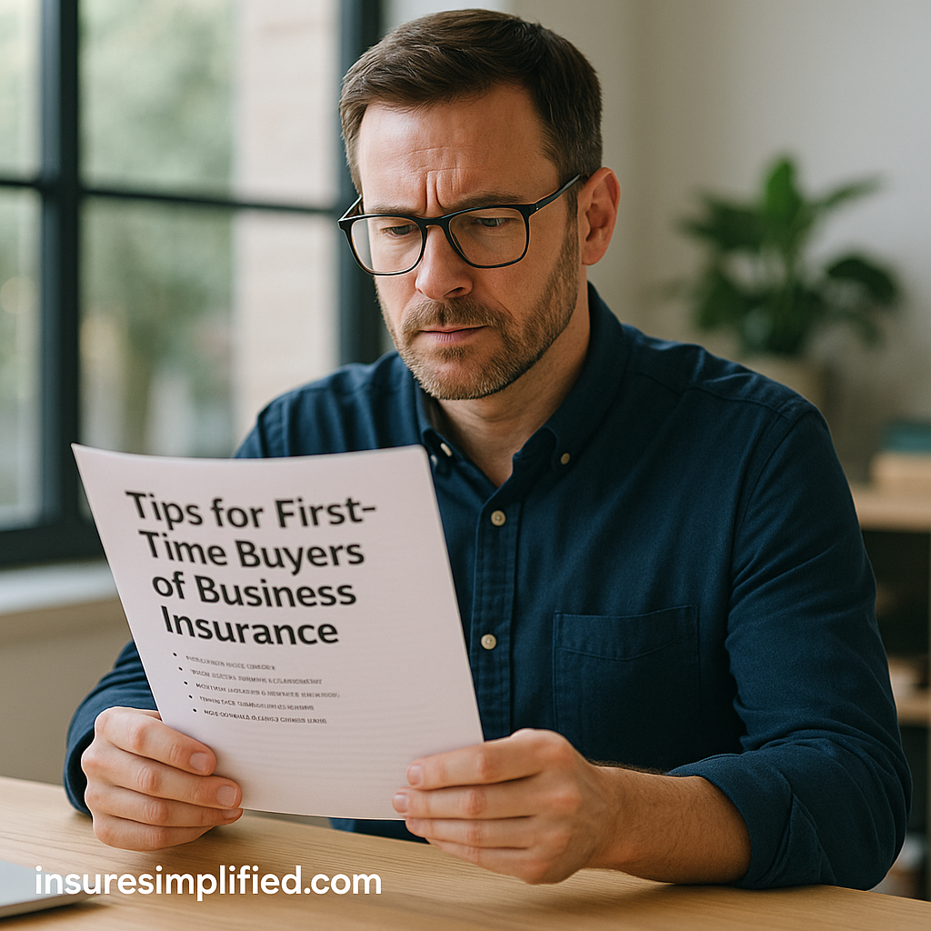 Man sitting at a desk reading a printed document about tips for first-time buyers of business insurance..