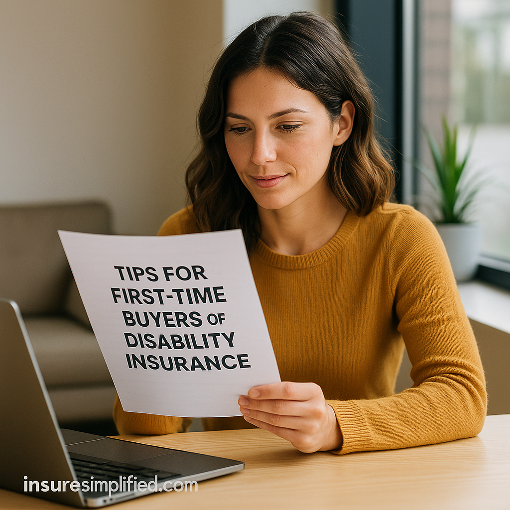 Woman sitting at a desk reading a document related to tips for first-time buyers of disability insurance.
