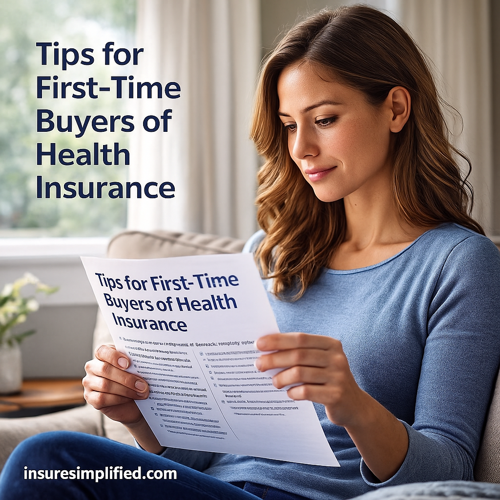 Woman sitting on a sofa reading a printed document about tips for first-time buyers of health insurance.
