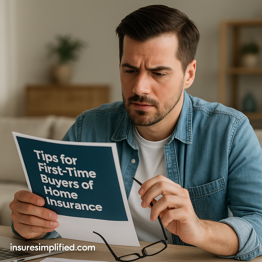 Man reading a printed document about tips for first-time buyers of home insurance while seated at a table in a bright living space..