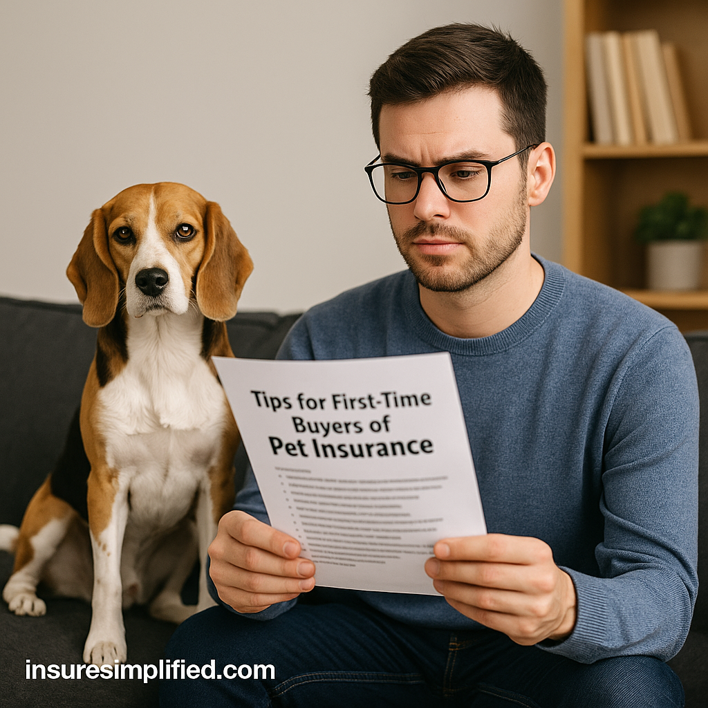 Man sitting on a sofa reading a document about tips for first-time buyers of pet insurance with a Beagle beside him.