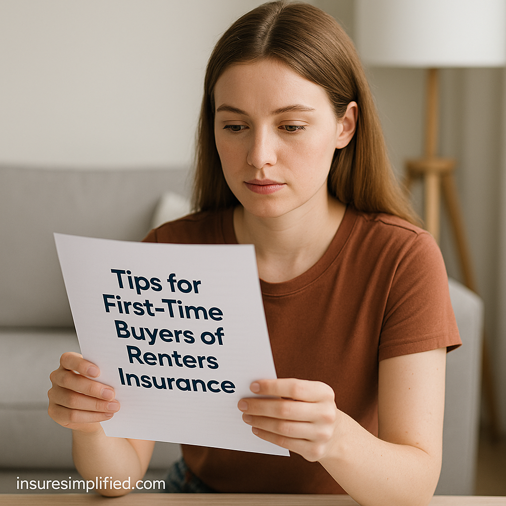 Woman sitting on a sofa reading a printed document about tips for first-time buyers of renters insurance.