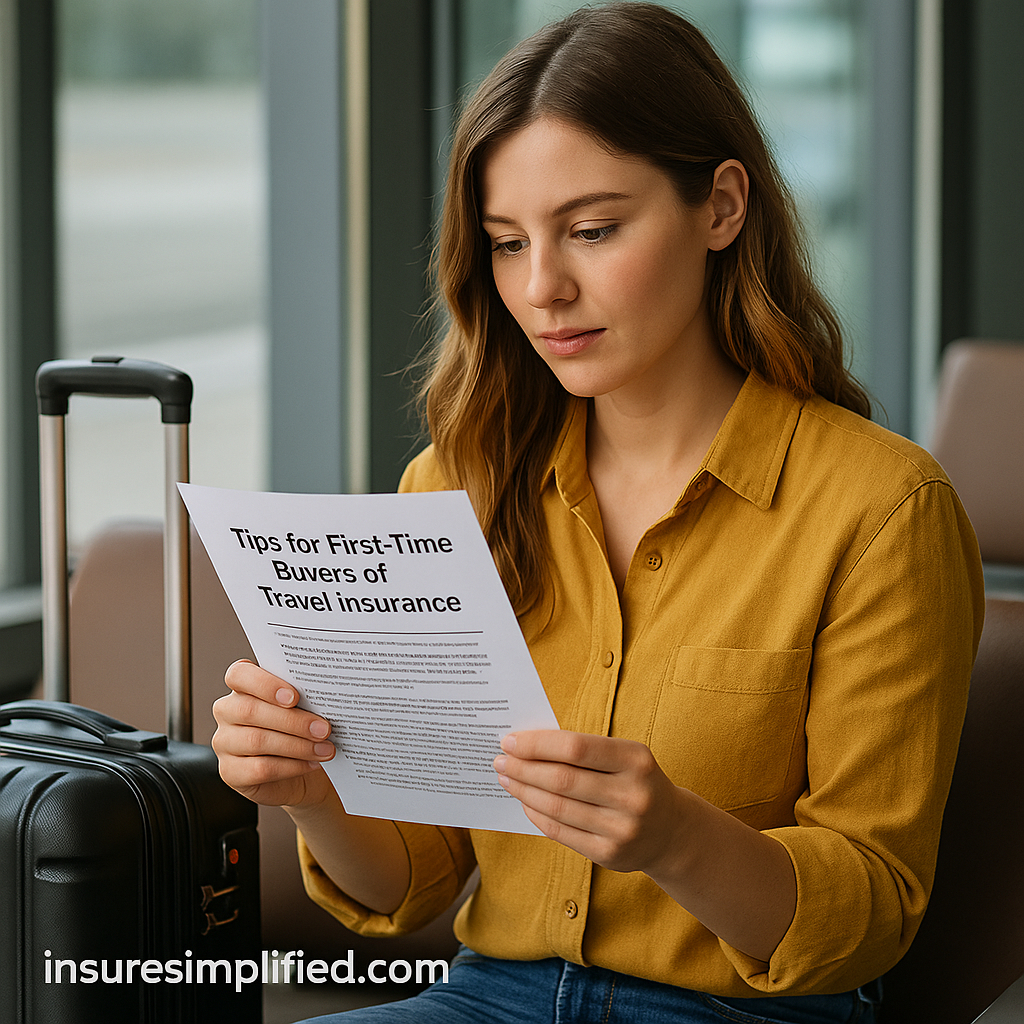 Woman sitting in an airport terminal reading a printed document about tips for first-time buyers of travel insurance.