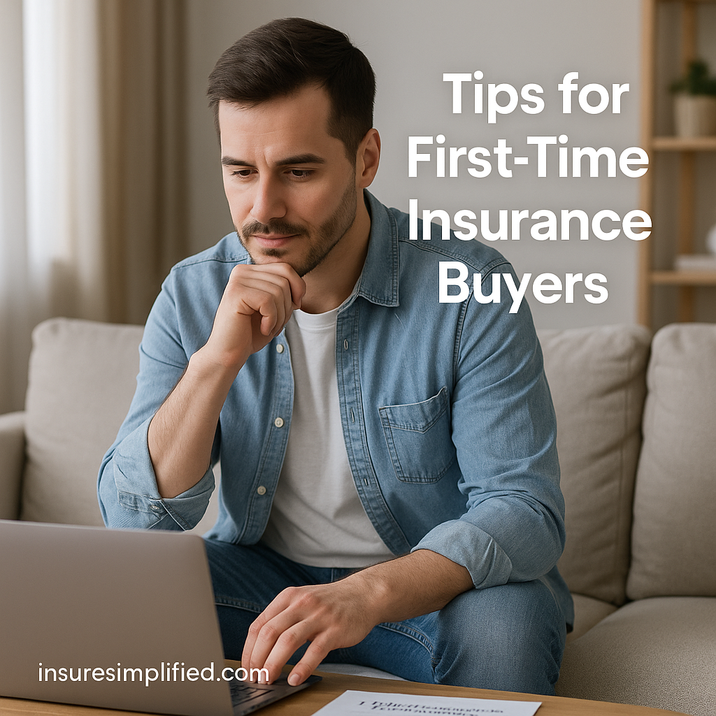 Man sitting on a sofa using his laptop while reviewing information about tips for first-time insurance buyers.