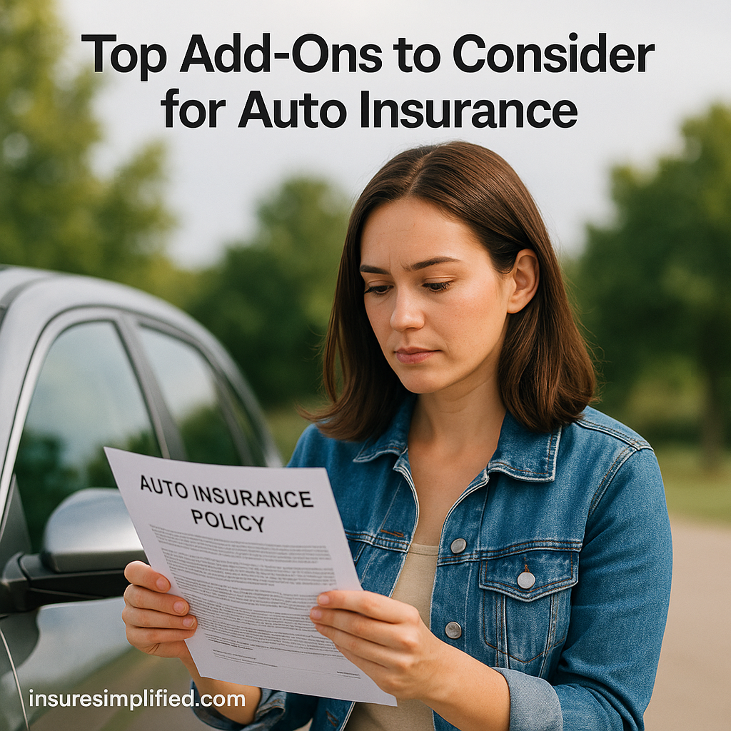 A woman standing outdoors beside her car reviewing an auto insurance policy document, with the article title displayed above her.
