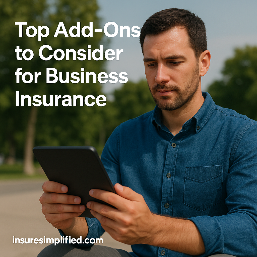 A man sitting outdoors reviewing business insurance information on a digital device, with the article title displayed above him.
