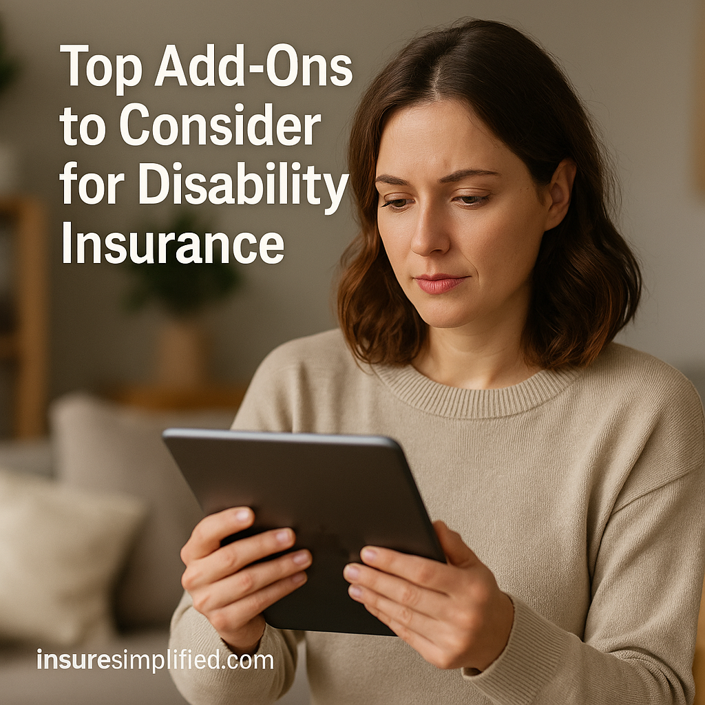 A woman sitting indoors reviewing disability insurance information on a digital device, with the article title displayed above her.