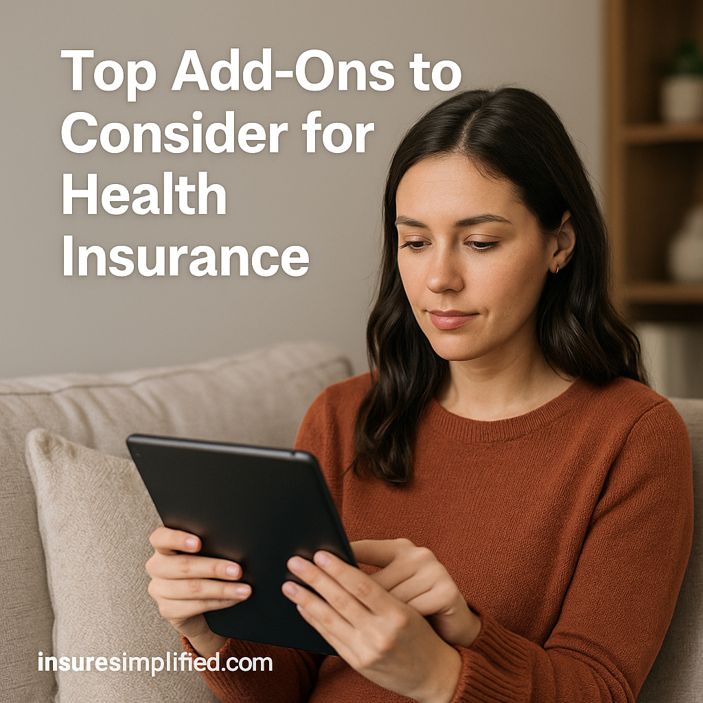 A woman sitting indoors reviewing health insurance information on a digital device, with the article title displayed above her.