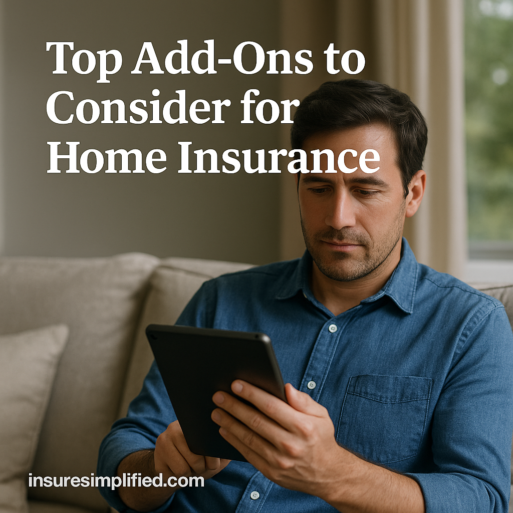 A man sitting indoors reviewing home insurance information on a digital device, with the article title displayed above him.