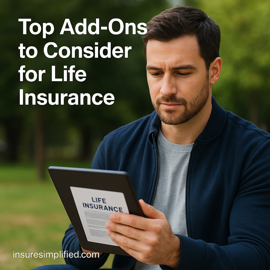 A man sitting outdoors reviewing life insurance information on a digital device, with the article title displayed above him.