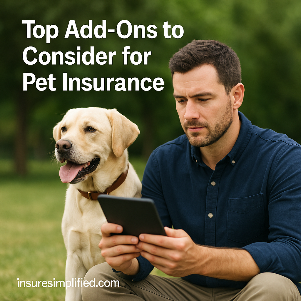 A man outdoors reviewing pet insurance information on a digital device beside his Labrador Retriever, with the article title displayed above him.