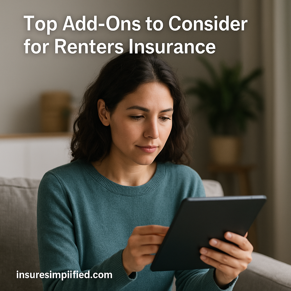 A woman sitting indoors reviewing renters insurance information on a digital device, with the article title displayed above her.