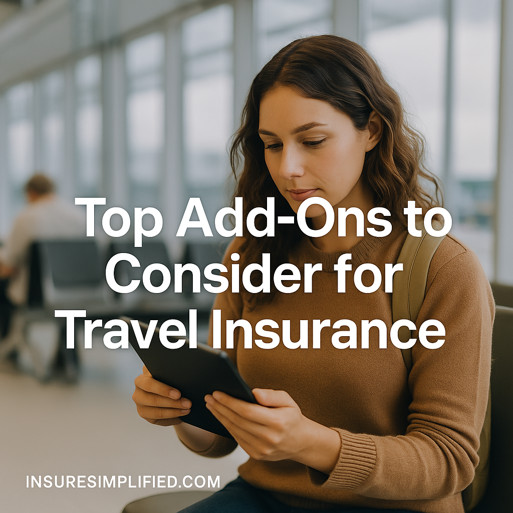 A woman in an airport terminal reviewing travel insurance information on a digital device, with the article title displayed above her.
