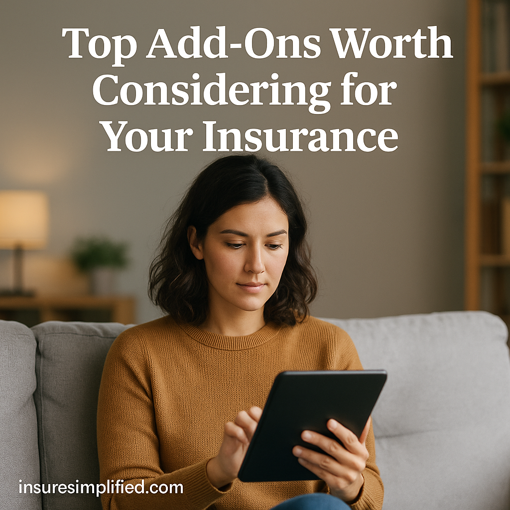 A woman sitting indoors on a couch reviewing general insurance information on a digital device, with the article title displayed above her.