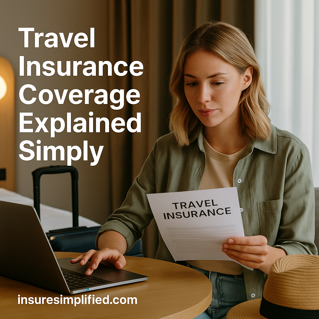 Woman sitting at a table in a hotel room reviewing a travel insurance document beside her open laptop and suitcase.