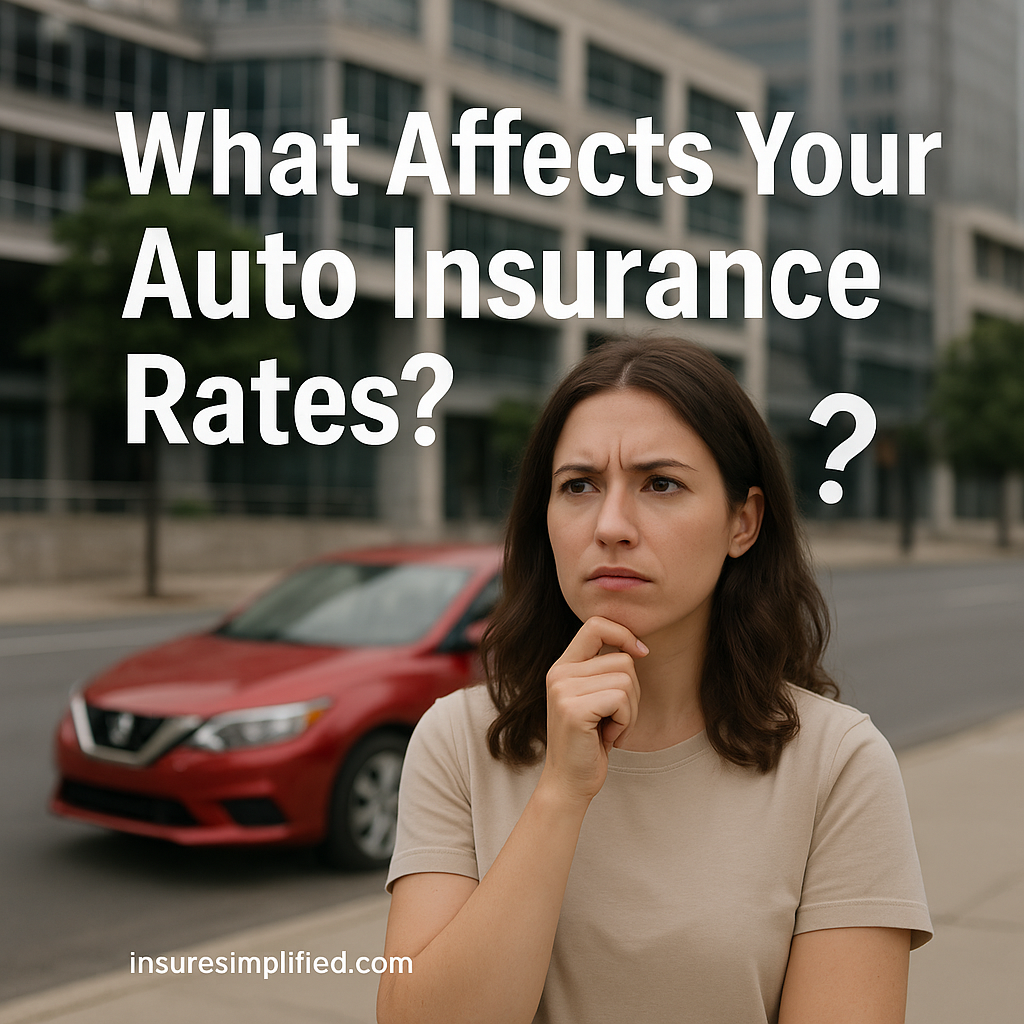 A thoughtful woman standing on a city street with a red car in the background, looking concerned as the title “What Affects Your Auto Insurance Rates?” appears above her, with insuresimplified.com marked at the bottom.