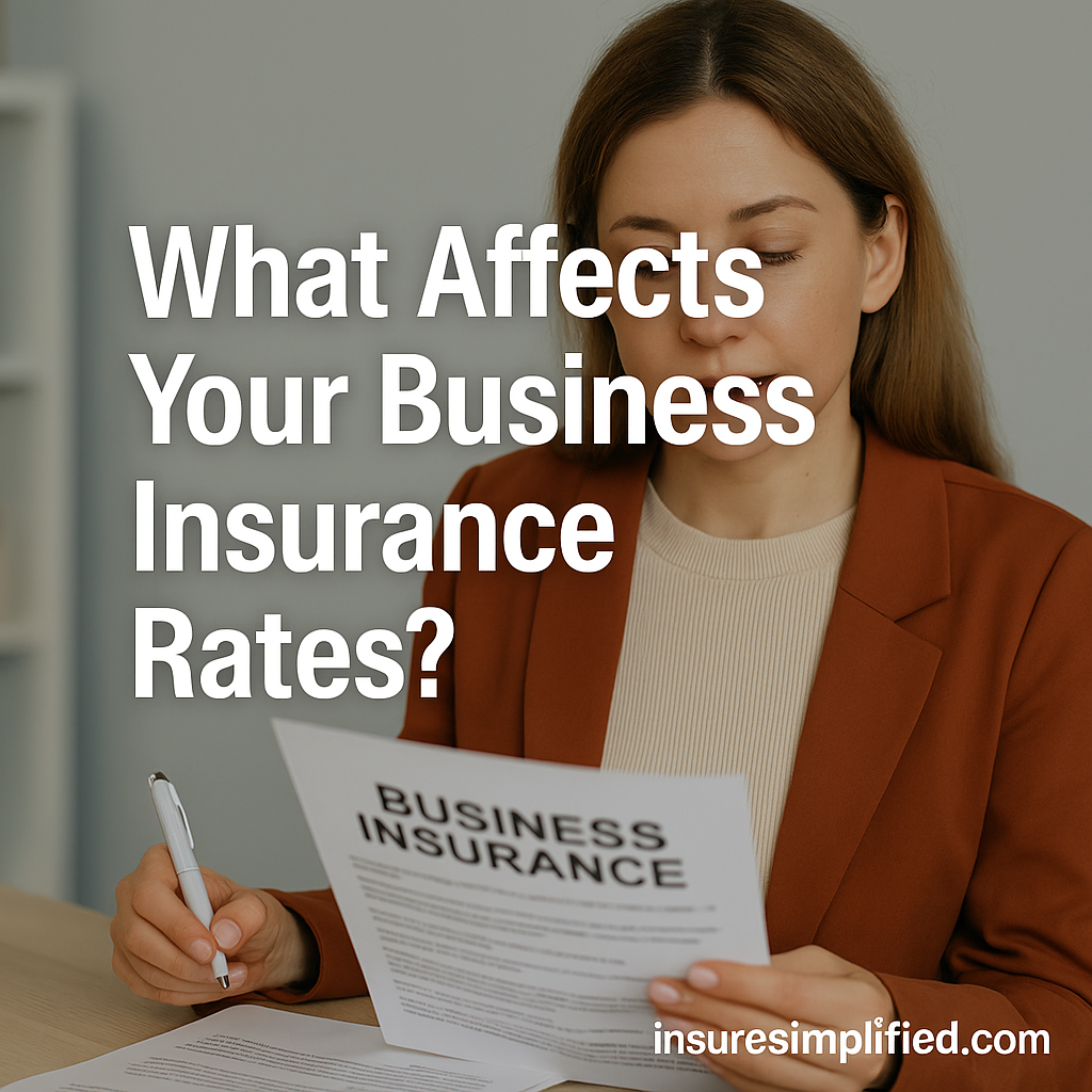 A woman in an office reviewing a Business Insurance document while holding a pen, with the overlaid title “What Affects Your Business Insurance Rates?” and an insuresimplified.com watermark.