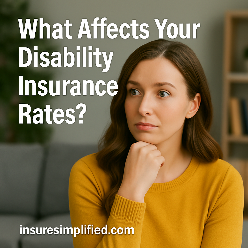 A thoughtful woman sitting in a softly lit living room, resting her chin on her hand, with the text “What Affects Your Disability Insurance Rates?” displayed above and the insuresimplified.com watermark at the bottom.