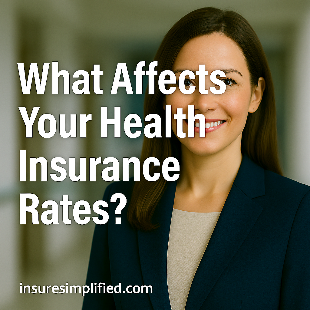 A confident professional woman smiling in a modern office setting, with the title “What Affects Your Health Insurance Rates?” displayed prominently over the image and the insuresimplified.com watermark at the bottom.