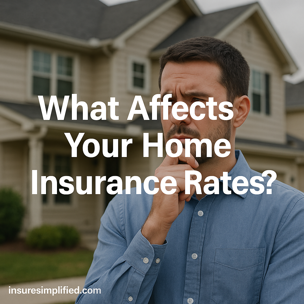 A thoughtful man standing outside a suburban home with the title “What Affects Your Home Insurance Rates?” displayed above him and insuresimplified.com marked at the bottom.