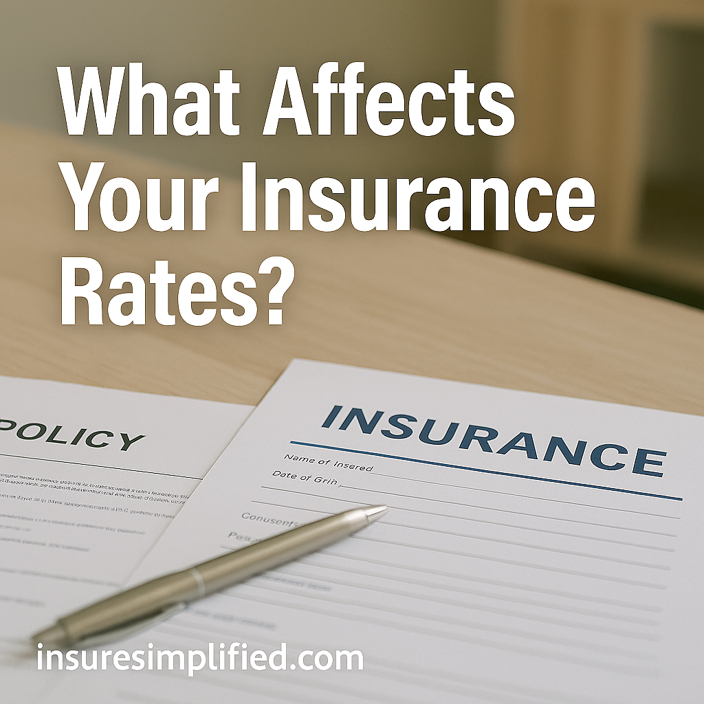 A close-up of insurance documents and a pen on a wooden desk, with the text “What Affects Your Insurance Rates?” displayed above and the insuresimplified.com watermark at the bottom.